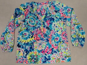 Lilly Pulitzer Blouse Womens Large Blue Elsa Silk Floral Shirt Tunic Top Button - Picture 1 of 13