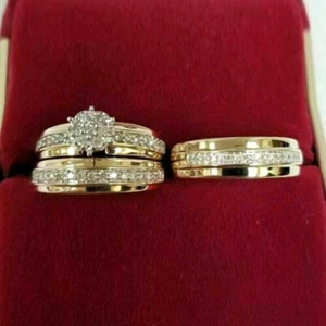 2Ct Round Diamond Created His & Her Wedding Trio Ring Set 14k Yellow Gold Finish - Picture 1 of 7