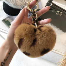 Brown Leopard Dots Real Rabbit Fur Ball Pom Pom Heart Shape Bag Charm Keychain
