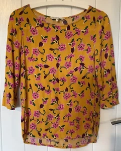 NEXT Yellow Tunic Top Size 8 - Pink Flowers Purple Leaves 3/4 Length Sleeve - Picture 1 of 4