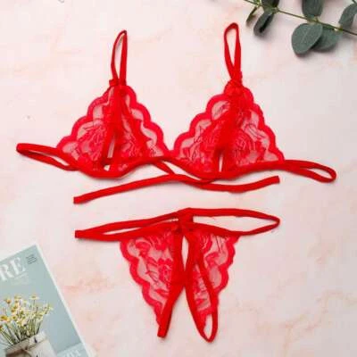 Conjunto de ropa interior lencería para mujeres copa abierta sujetador de encaje transparente entrepierna abierta pantalón babydoll Foto 1 de 4