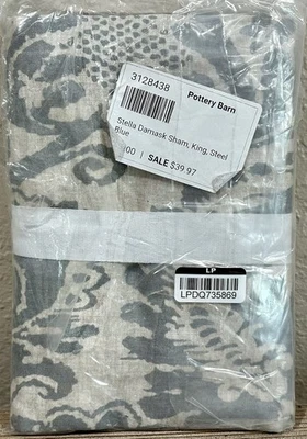 NEW POTTERY BARN STELLA DAMASK PILLOW SHAM KING ~ Steel Blue ~ 36" x 20" - Image 1 of 3