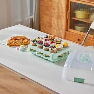 Cupcake Carrier Cake Container Reusable Two Tier Stand with Handle and Lid - Picture 1 of 7