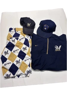 Vintage Milwaukee Brewers Nike Jacket Small, Loudmouth Shorts, & 2 Hat Lot - Picture 1 of 18