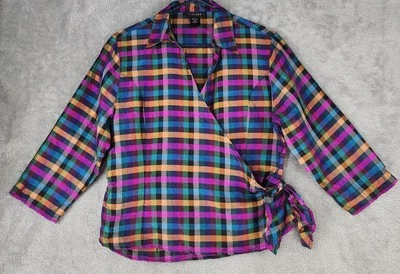 Camisa SilkLand Mujer XL Multicolor Cuadros Frontal Corbata Envoltura Manga 3/4 Preppy Y2K Foto 1 de 4