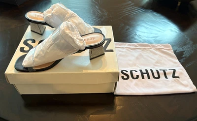 SCHUTZ Ariellen Low Sandal Black Leather Vinyl Strap Rhinestone Heels - SZ 8 Box - Image 1 of 4