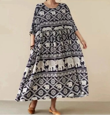 Ladies Boho Black  Midi Indi Arty Elephants Loose Summer  Chic Floaty Dress  16 - Image 1 of 4