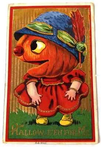 1912 antike Halloween Kürbiskopf rotes Kleid blauer Hut Postkarte Barton & Spooner - Bild 1 von 6
