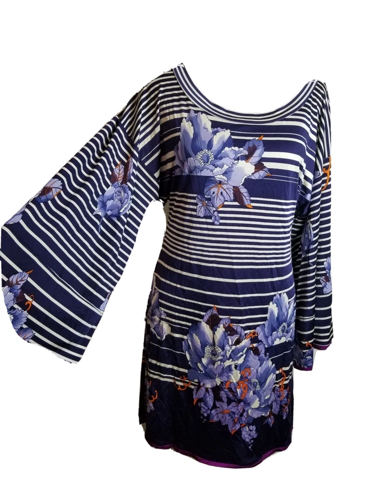 FOLEY Small women dress SILK BELL SLEEVE floral striped mini shift purple - Image 1 of 4