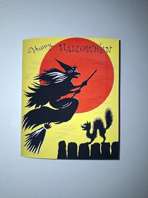 Tarjeta de felicitación colorida vintage de Halloween repro: bruja gato negro, luna naranja NUEVO Foto 1 de 3
