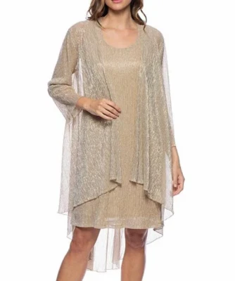 Marina 长袖圆领金属针织 2 件夹克连衣裙金色 XL 码全新带标签 — 第 1/4 张图片