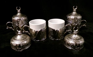 SENA TESCILLI URUN SILVER TURKISH DEMITASSE CUPS w/GURAL PORSELEN INSERTS - 4 PC - Picture 1 of 13