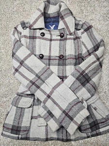American Eagle Womens Plaid Wool Trench Coat Double Breasted Long Sleeve Size S - Picture 1 of 16
