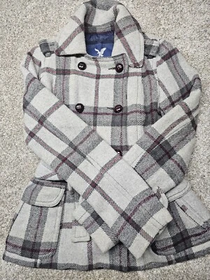 Gabardina de lana a cuadros American Eagle para mujer doble botonadura manga larga talla S Foto 1 de 4