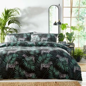 Duvet Set Zebra Jungle Palm Leaf Print Tropical Bedding Quilt Cover Black Green - Picture 1 of 10