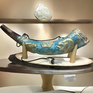 12-16" " Anointing Oil Painted Ram Shofar Horn Jerusalem+ With Wood Stand - Mad - Picture 1 of 13