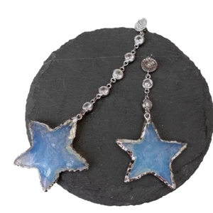 Crystal Rough Star Shape Edge Cz Pave Rosary Chain Dangle Asymmetric Earrings - Picture 1 of 7