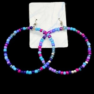 Handmade Crazy Mix Hoop Bead Earrings Blue Multicolor 2.5" - Picture 1 of 12