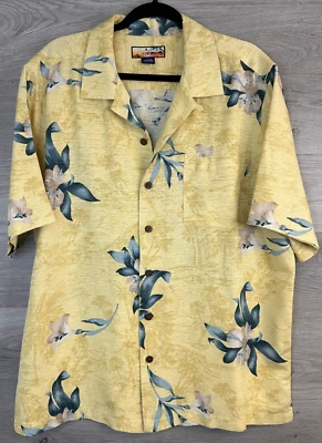 Camisa Havana Jacks Café Abotonada Para Hombres Grande Floral Amarilla Seda Hawaiana Floral Foto 1 de 4