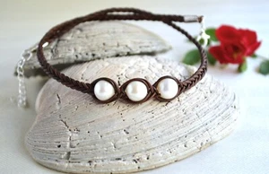 Three Pearls on Leather Necklace Three White Pearls Choker Three Wishes Choker - Picture 1 of 12