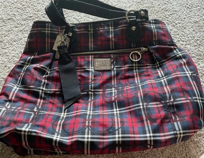 Bolso de Hombro Coach Poppy Glam a Cuadros F11207 Rojo Azul Estampado a Cuadros Patente Borde Foto 1 de 4