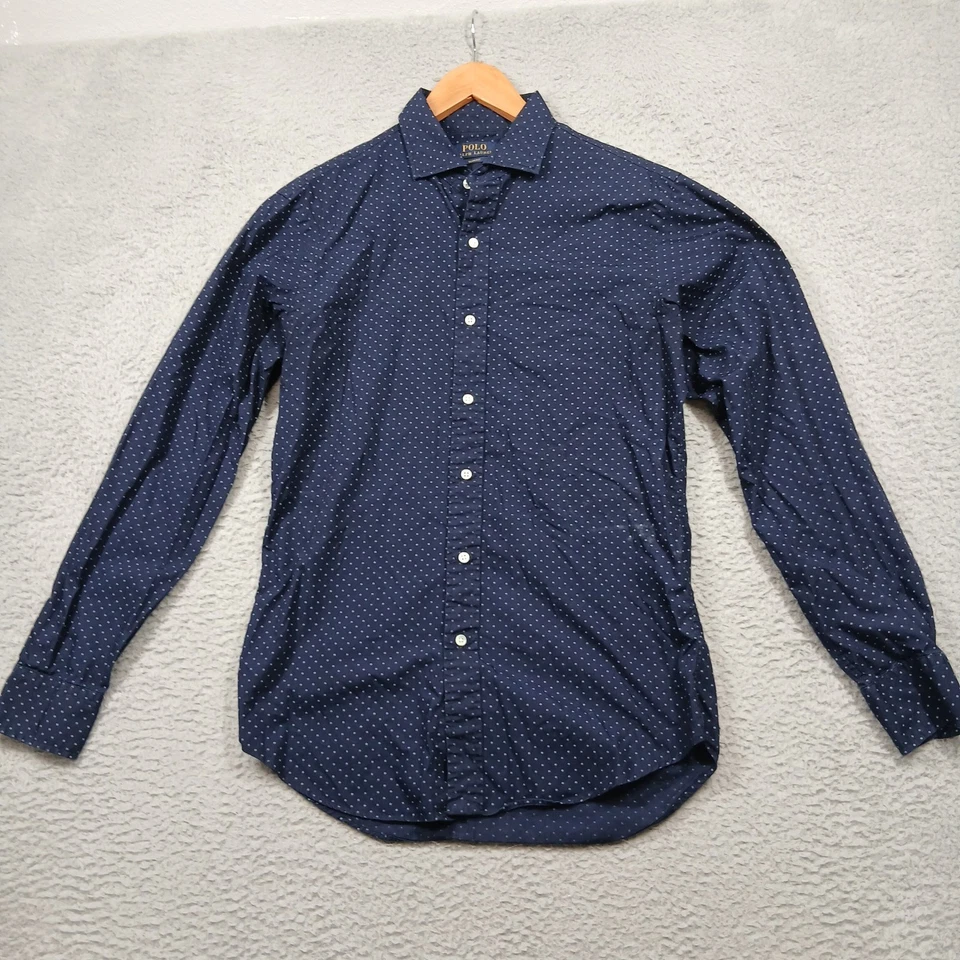 Camisa Polo Ralph Lauren Calce Ajustado Para Hombre Mediana Azul Marino Lunares Manga Larga Foto 1 de 4