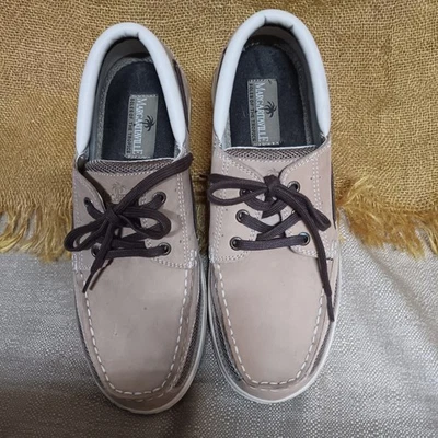 ¡¡GUAU!! Margaritaville Hombres Cuero y Lona Marrón Zapatos de Barco!! Talla 10 Foto 1 de 4