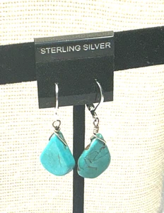 925 Sterling Earrings Turquoise Gemstone Asymmetrical Paddle Pierced Drop Lot 75 - Picture 1 of 3