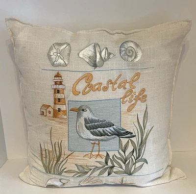 Embroidered Coastal Life Throw Pillow Square 17 inches Decorative - Image 1 of 4
