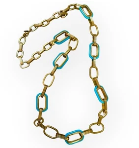 Vintage 1990’s St. Thomas Gold & Turquoise Statement Necklace, Link Chain - Picture 1 of 3