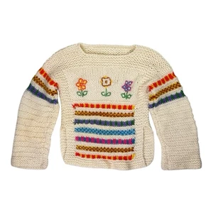 True Vintage Girls Hand Knit Rainbow Flowers Pullover Sweater Homemade Sz 10/12? - Picture 1 of 11
