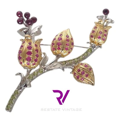 Mint Sterling Ross Simons Flower Brooch, Rubies, Garnet Peridot. - Image 1 of 4