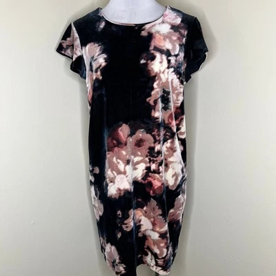 Vestido Cynthia Rowley Cambio Mediano Negro Terciopelo Floral Mini Gorra Manga Mini Rosa Foto 1 de 4