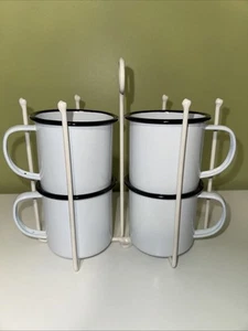 Set Of 4 Crow Canyon Home Black Rim & White Enamelware Coffee Tea Mugs Carrier - Picture 1 of 8