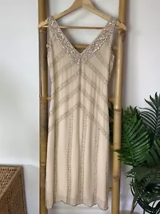 Espirit Womens Silk Dress Size 6 Beige Creme Sequins Pink Stunning Midi Sexy - Picture 1 of 12