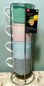 COOK & DINE 320ml Porcelain 4Pc Stackable Mugs FREE Metal Rack Stand COFFEE TEA - Imagen 1 de 12