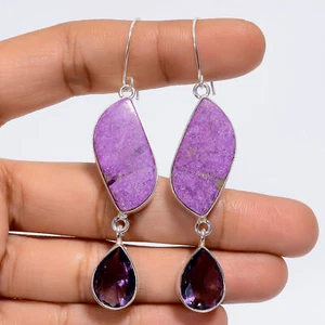 Atlantisite Amethyst Gemstone 925 Silver Handmade Dangle Earrings 2.8" ARE-5208 - Picture 1 of 3
