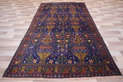 Alfombra Baluchi Afgana Vintage 3x6 - Alfombra de Lana Azul Marino - Jarrón Floral Árbol de la Vida Foto 1 de 4