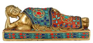 Whitewhale 1FT Large Reclining Buddha Statue | Buddhism Brass Resting Home Decor