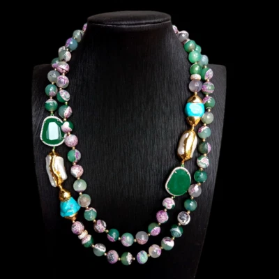 Collar 2 Hilos Verde Púrpura Ágata Blanco Perla Biwa Cristal Turquesa Foto 1 de 4