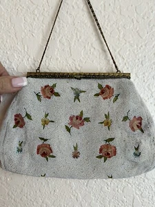 VINTAGE CHUNN IVORY PASTEL FLOWERS BEADED PURSE WEDDING HANDMADE FRANCE - Picture 1 of 11