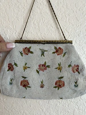 BOLSO VINTAGE CHUNN MARFIL FLORES PASTEL CUENTAS BODA HECHO A MANO FRANCIA Foto 1 de 4
