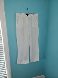 Ashley Stewart Pants Women 16 White Linen Blend Lightweight Pockets Belt Loop - Picture 1 of 6