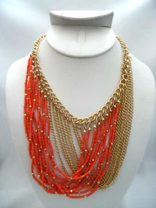 NECKLACE ONLY-Gold chain 16" orange seed bead multi strand necklace - Picture 1 of 4