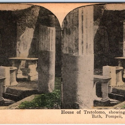 c1900s Pompeii, Italy House of Tretlomo Marble Table Litho Photo Stereo Card V11 - Image 1 of 3