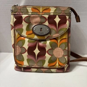 Fossil Key Per Crossbody Bag Purse Coated Canvas Floral Flower Red Tan Pink - Picture 1 of 14