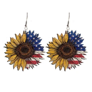American Flag Sunflower Drop Wood Earrings - Picture 1 of 3
