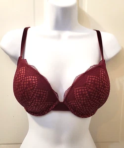 Victorias Secret Very Sexy Push Up Bra 32DD Lace Padded Maroon Mesh Velvet Strap - Picture 1 of 10