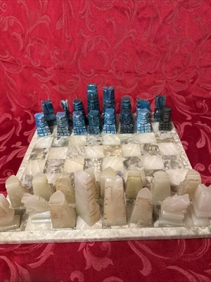 VTG Hand Carved Mexican Marble Onyx Aztec Blue White Chess Set Pieces MCM Rare - Image 1 of 4