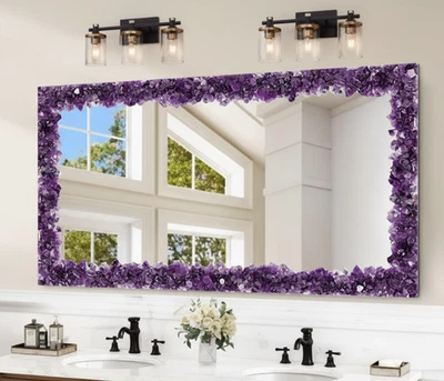 Handcrafted Amethyst Stone Bathroom Mirror | Luxury Purple Crystal Wall Decor | - Image 1 of 4